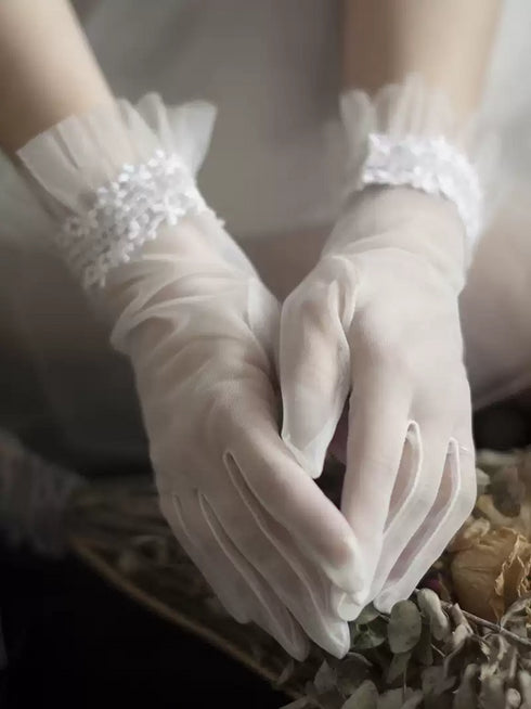 White Bridal Tulle Wedding Gloves – Floral Ruffle Cuff Gloves